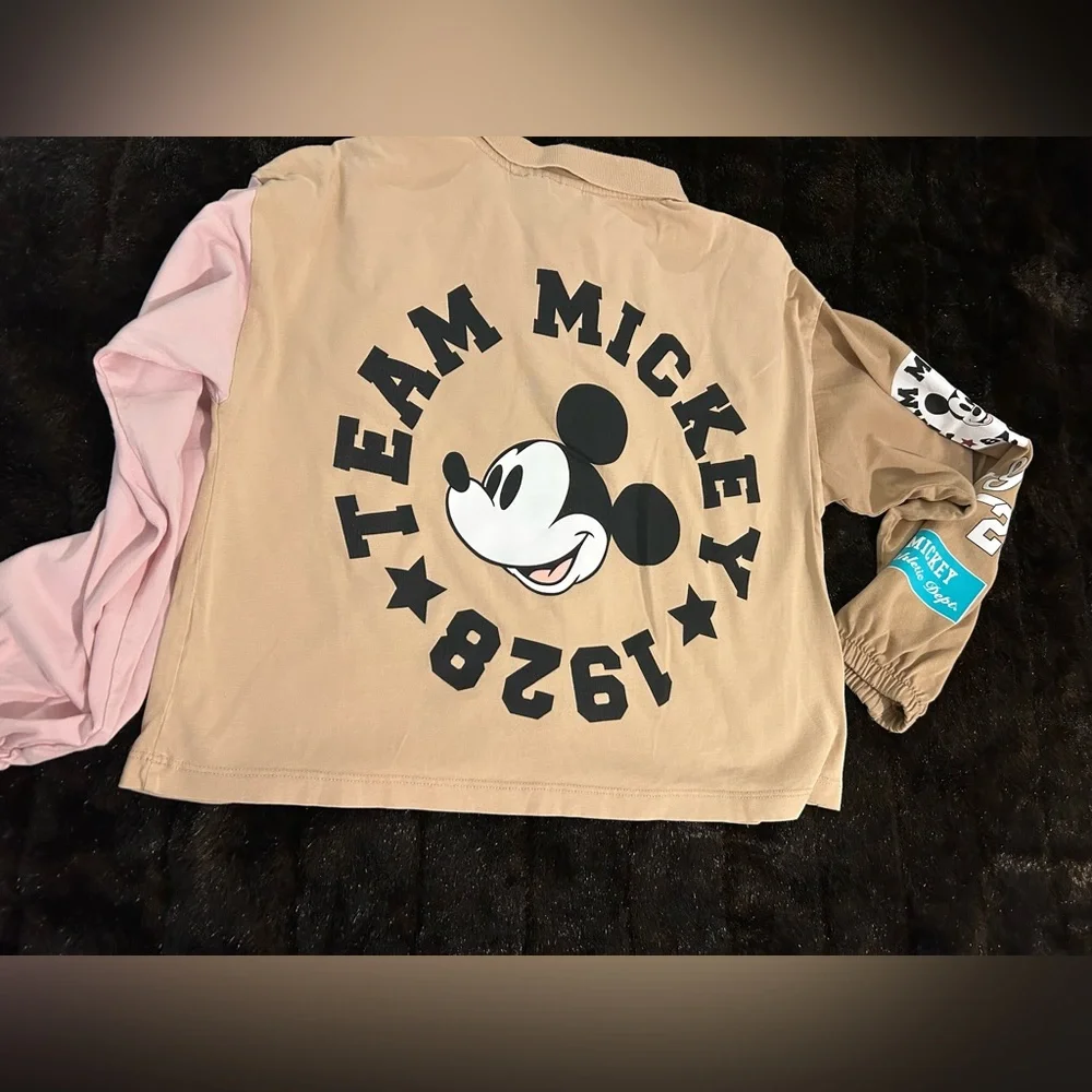 Disney Mickey Mouse Cropped Polo Sweatshirt Girls Size 13/14 Tan Colorblock